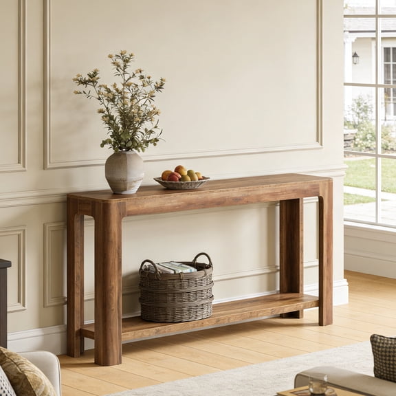 Fnova 63" Farmhouse Console Table, 2-Tier Wood Entryway Table with Storage Shelf, Narrow Sofa Table for Living Room, Hallway, Foyer