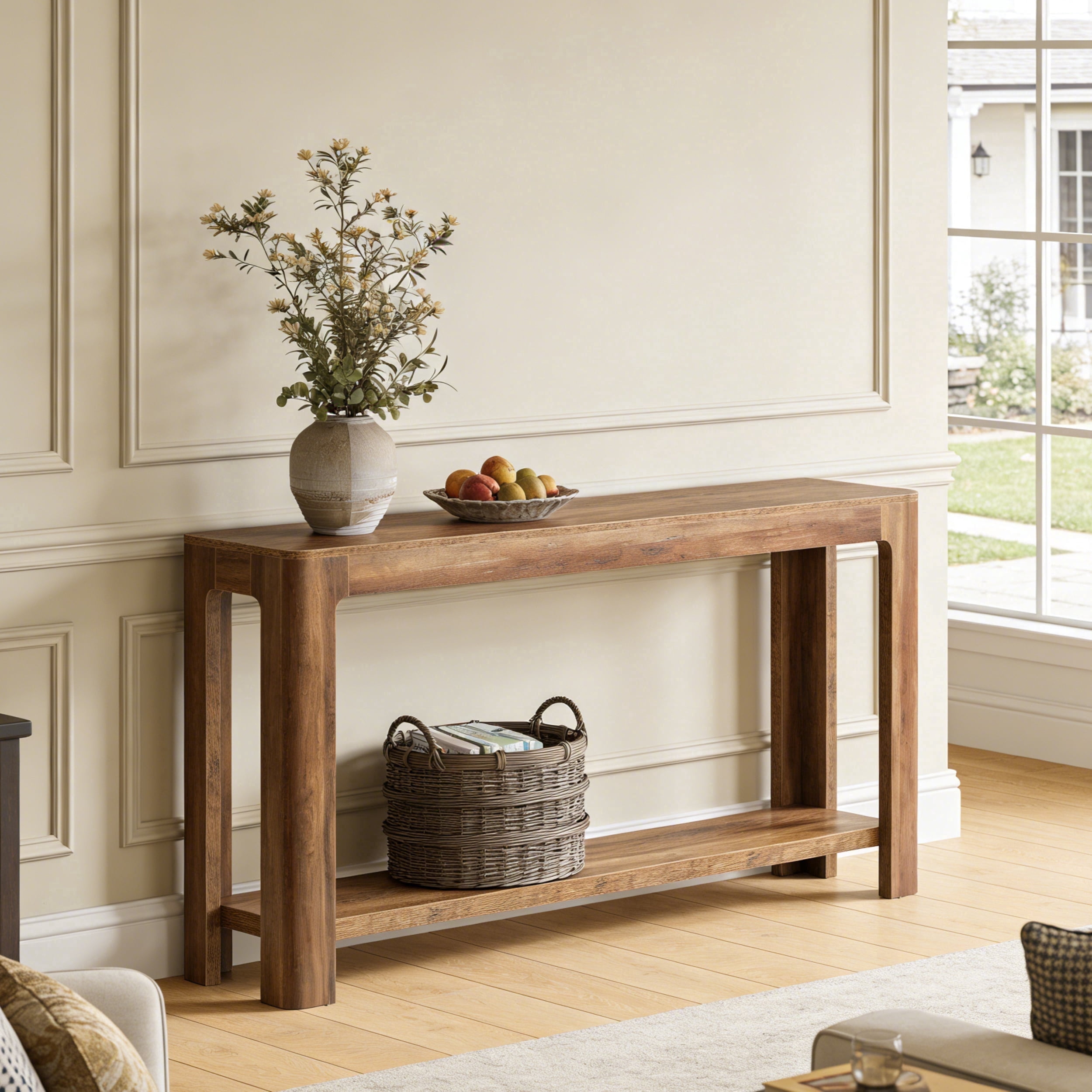 Fnova 63" Farmhouse Console Table, 2-Tier Wood Entryway Table with Storage Shelf, Narrow Sofa Table for Living Room, Hallway, Foyer
