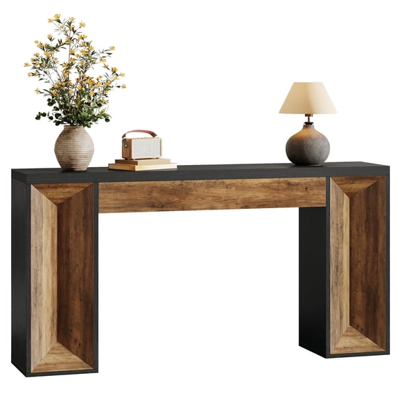 Fnova 63" Farmhouse Console Table, Dual-Tone Narrow Entryway Table, Long Wooden Sofa Table for Living Room, Hallway, Foyer