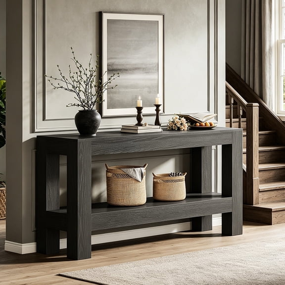 Fnova 63" Farmhouse Console Table, Entryway Table with 2-Tier Storage Shelves, Wood Sofa Table for Living Room, Hallway, Foyer, Black