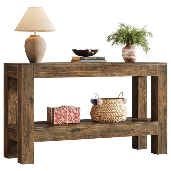 Fnova 63" Farmhouse Console Table, Entryway Table with 2-Tier Storage Shelves, Wood Sofa Table for Living Room, Hallway, Foyer, Dark Brown