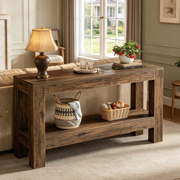 Fnova 63" Farmhouse Console Table, Entryway Table with 2-Tier Storage Shelves, Wood Sofa Table for Living Room, Hallway, Foyer, Dark Brown
