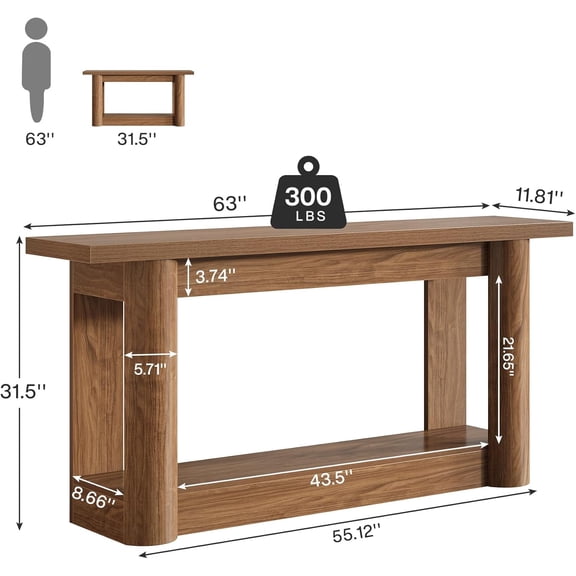 Fnova 63" Farmhouse Console Table with Long Storage Shelves, 2-Tier Entertainment Center for 55" - 75" TVs, Tall Television Console Table for Living Room, Bedroom, Hallway, Foyer