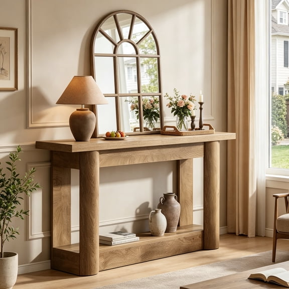 Fnova 63" Farmhouse Console Table with Long Storage Shelves, 2-Tier Entertainment Center for 55" - 75" TVs, Tall Television Console Table for Living Room, Bedroom, Hallway, Foyer
