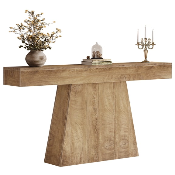 Fnova 63" Farmhouse Console Table, Narrow Wooden Entryway Table, Geometric Base Sofa Table for Living Room, Hallway, Light Brown