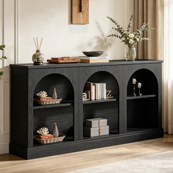Fnova 63" Farmhouse Console Table, Wooden Entryway Table with 3-Tier Storage, Rectangular Sofa Table for Entrance, Hallway, Living Room, Behind Couch
