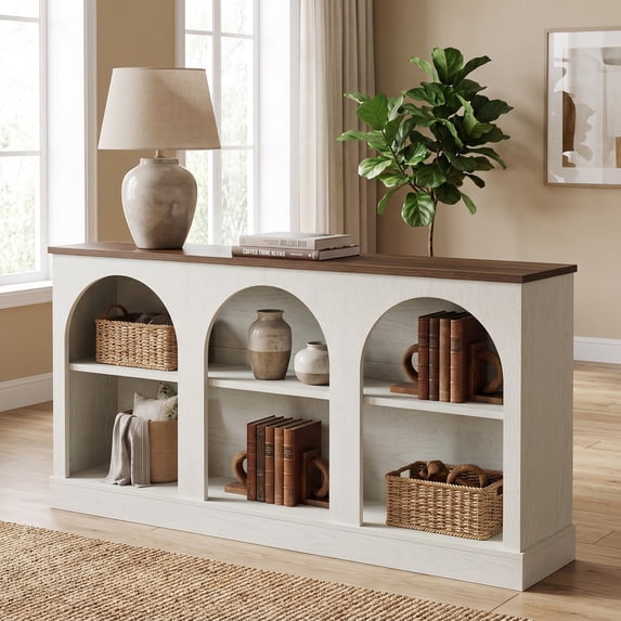 Fnova 63" Farmhouse Console Table, Wooden Entryway Table with 3-Tier Storage, Rectangular Sofa Table for Entrance, Hallway, Living Room, Behind Couch