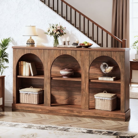 Fnova 63" Farmhouse Console Table, Wooden Entryway Table with 3-Tier Storage, Rectangular Sofa Table for Entrance, Hallway, Living Room, Behind Couch