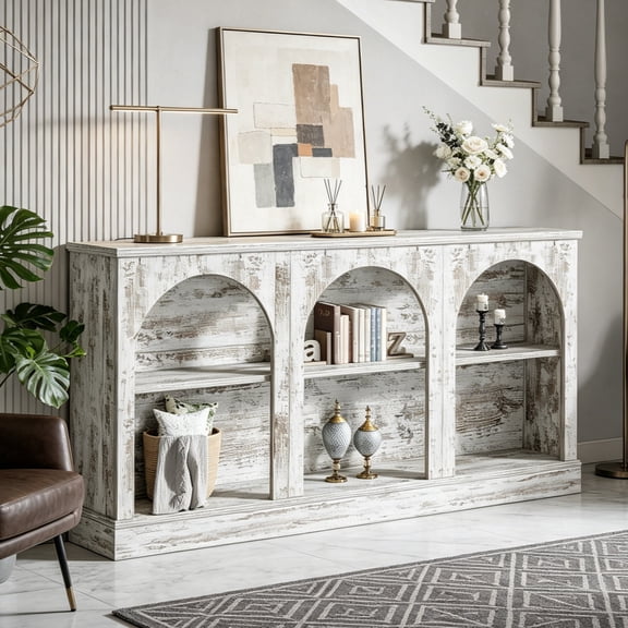 Fnova 63" Farmhouse Console Table, Wooden Entryway Table with 3-Tier Storage, Rectangular Sofa Table for Entrance, Hallway, Living Room, Behind Couch