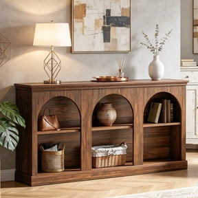 Fnova 63" Farmhouse Console Table, Wooden Entryway Table with 3-Tier Storage, Rectangular Sofa Table for Entrance, Hallway, Living Room, Behind Couch