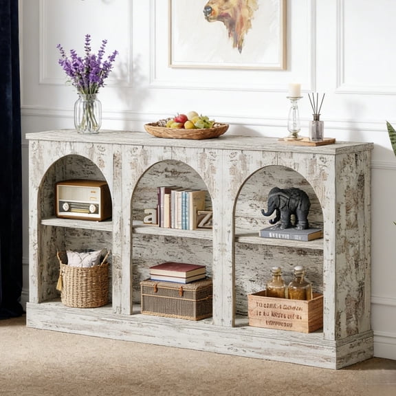 Fnova 63" Farmhouse Console Table, Wooden Entryway Table with 3-Tier Storage, Rectangular Sofa Table for Entrance, Hallway, Living Room, Behind Couch