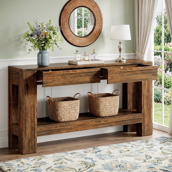 Fnova 63" Farmhouse Console Table with 2 Drawers, Long Sofa Table Behind Couch with Open Shelf, Entryway Table for Living Room, Foyer, Dark Brown