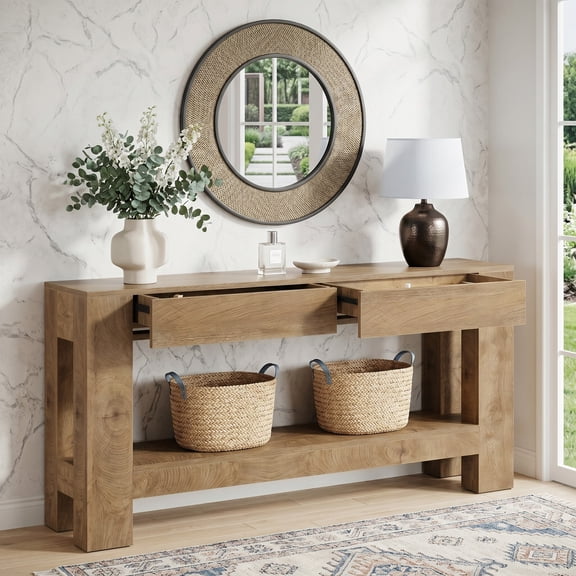Fnova 63" Farmhouse Console Table with 2 Drawers, Long Sofa Table Behind Couch with Open Shelf, Entryway Table for Living Room, Foyer, Light Brown