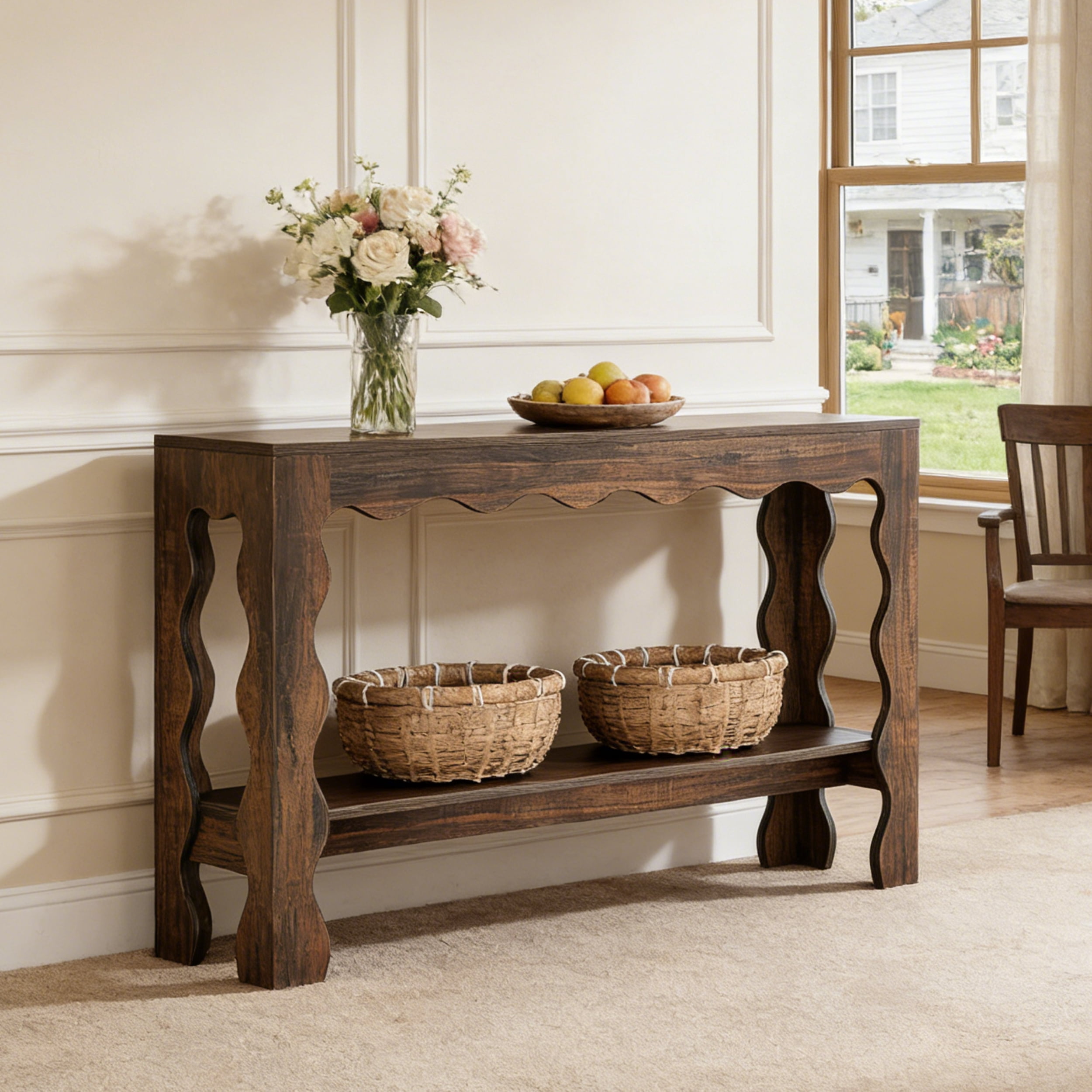 Fnova 63" Farmhouse Console Table with 2-Tier Storage Shelf, Scallop Design Entryway Table, Narrow Sofa Table for Living Room, Hallway, Foyer