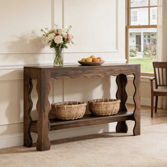 Fnova 63" Farmhouse Console Table with 2-Tier Storage Shelf, Scallop Design Entryway Table, Narrow Sofa Table for Living Room, Hallway, Foyer