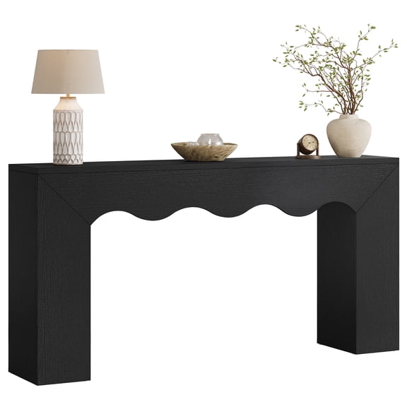 Fnova 63" Farmhouse Console Table with Wave Edge, Long Narrow Wood Entryway Table, Sofa Table for Living Room, Hallway, Behind Couch, Black