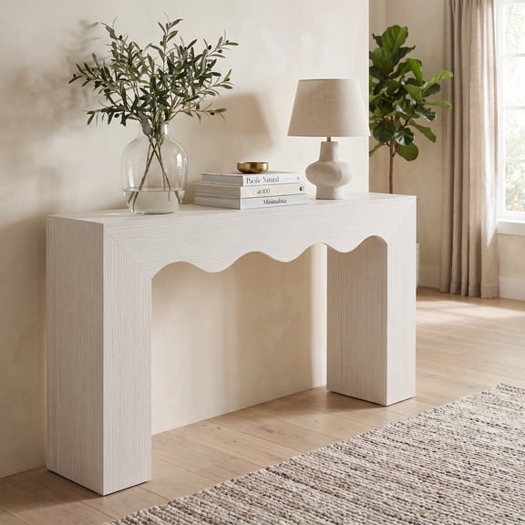 Fnova 63" Farmhouse Console Table with Wave Edge, Long Narrow Wood Entryway Table, Sofa Table for Living Room, Hallway, Behind Couch, White