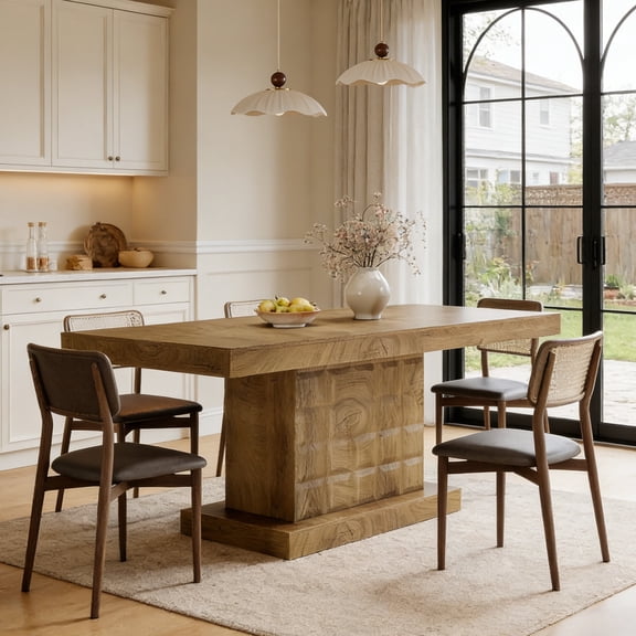 Fnova 63" Farmhouse Dining Table for 4-6 People, Wooden Rectangular Kitchen Table with Geometric Relief Pedestal Base, Easy to Assemble