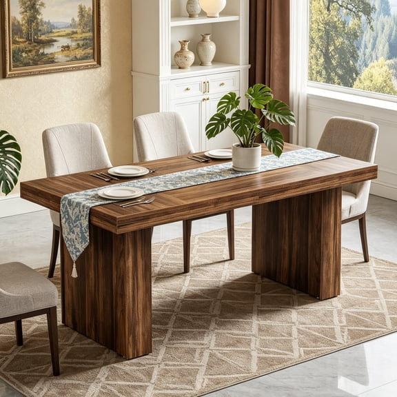 Fnova 63'' Farmhouse Dining Table for 6 People, Fluted Line Extendable Dinner Table, for Dining Room, Living Room & Kitchen