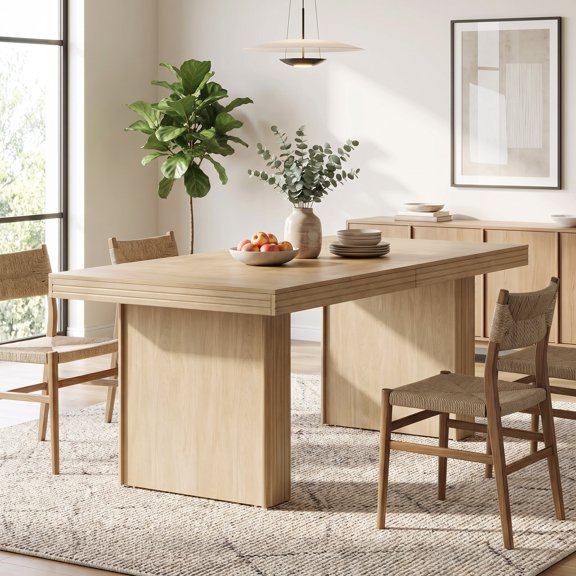 Fnova 63'' Farmhouse Dining Table for 6 People, Fluted Line Extendable Dinner Table, for Dining Room, Living Room & Kitchen