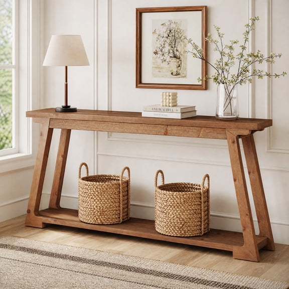 Fnova 63" Farmhouse Solid Wood Console Table, Long Sofa Table Behind Couch with Storage Shelf, Brown