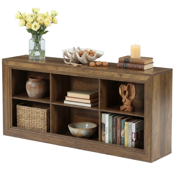 Fnova 63" Farmhouse TV Stand with 6 Open Storage Cubes, Entertainment Center with Freestanding One-Piece Design, Media Console Table, Living Room Entryway Storage Furniture