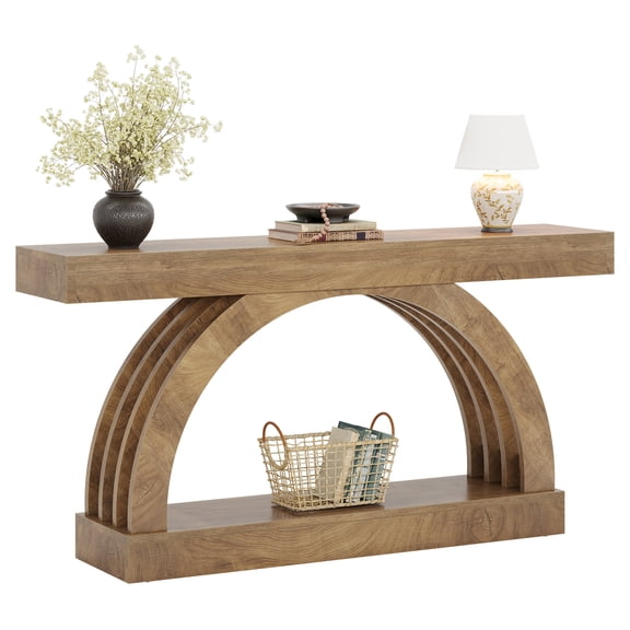 Fnova 63 Inch Console Table, Arched Entryway Table with Open Storage Shelf, 2-Tier Narrow Sofa Table for Living Room, Hallway, Foyer