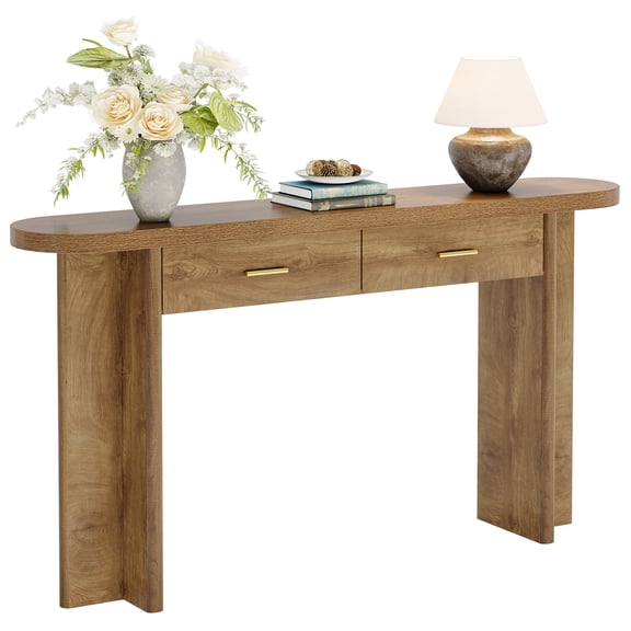 Fnova 63 Inch Console Table with 2 Drawers, Farmhouse Oval Curved Entryway Table with Storage for Living Room, Hallway, Behind Couch
