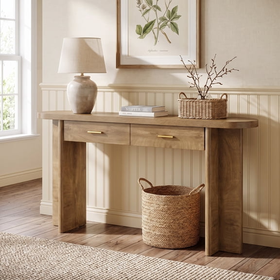 Fnova 63 Inch Console Table with 2 Drawers, Farmhouse Oval Curved Entryway Table with Storage for Living Room, Hallway, Behind Couch