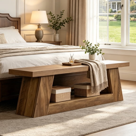 Fnova 63 Inch Modern Wooden Entryway Bench, Narrow Storage Bench with Open Shelf for Living Room Bedroom Hallway Entryway