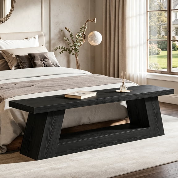 Fnova 63 Inch Modern Wooden Entryway Bench, Narrow Storage Bench with Open Shelf for Living Room Bedroom Hallway Entryway