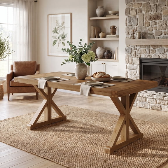 Fnova 63 Inch Rectangular Solid Wood Dining Table, 3.14‑Inch Thick Tabletop X‑Shaped Cross Support Legs, Farmhouse Wooden Dinner Table for Kitchen Dining Room
