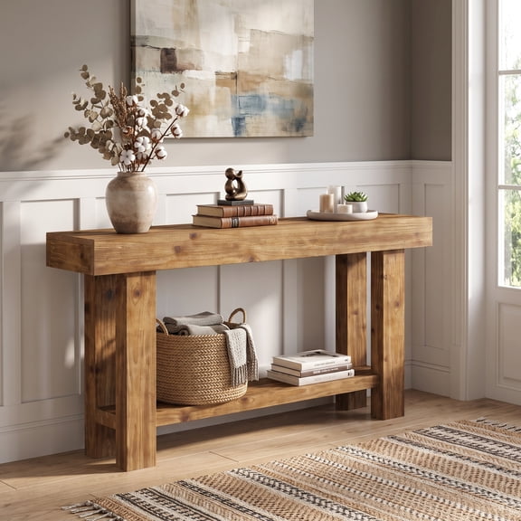 Fnova 63-Inch Rustic-Beam-Style Console Table, 2-Tier Open-Storage Sofa Table Accent Furniture for Entryway, Hallway, Behind-Sofa Living-Room Spaces