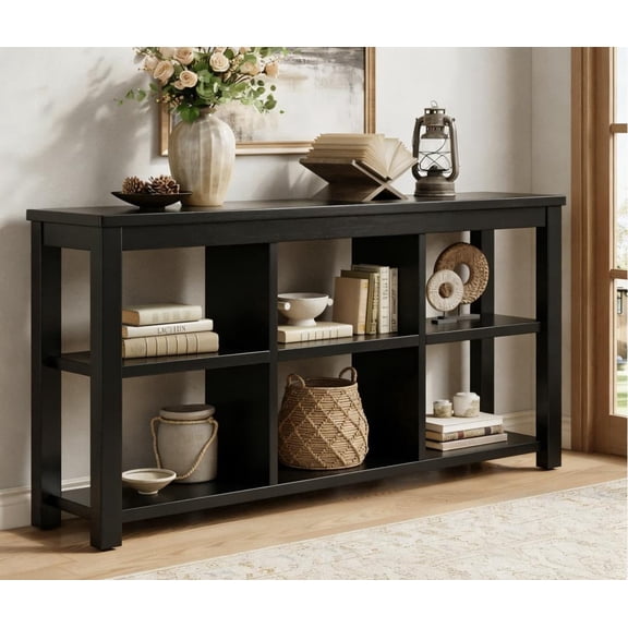 Fnova 63 Inch Solid Wood Console Table, 3-Tier Farmhouse Sofa Table Behind Couch with 6 Storage Cubes for Living Room, Hallway, Foyer