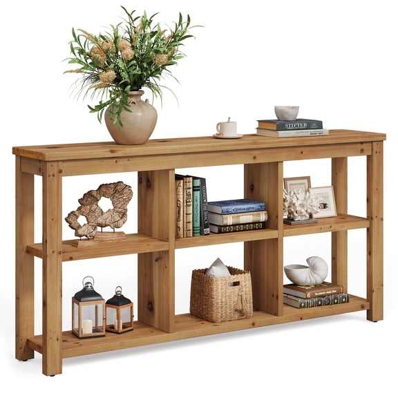 Fnova 63 Inch Solid Wood Console Table, 3-Tier Farmhouse Sofa Table Behind Couch with 6 Storage Cubes for Living Room, Hallway, Foyer