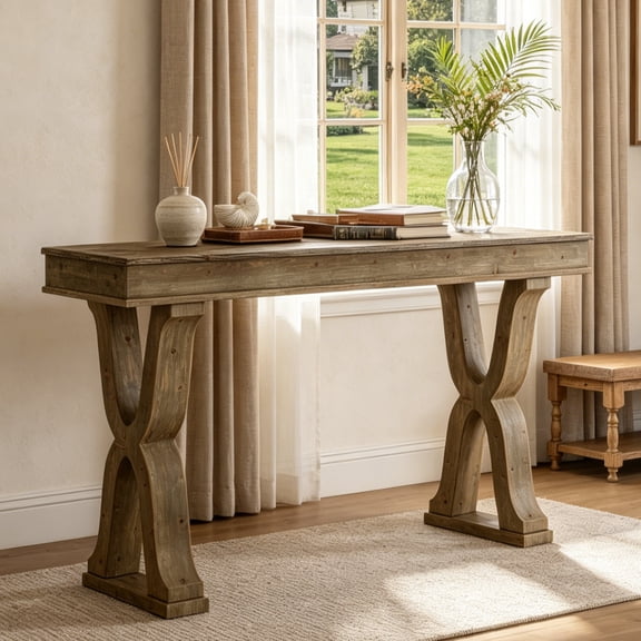 Fnova 63 Inch Solid Wood Farmhouse Console Table with X-Shaped Legs, Narrow Entryway Table, Hallway Sofa Table Behind Couch for Living Room, Foyer