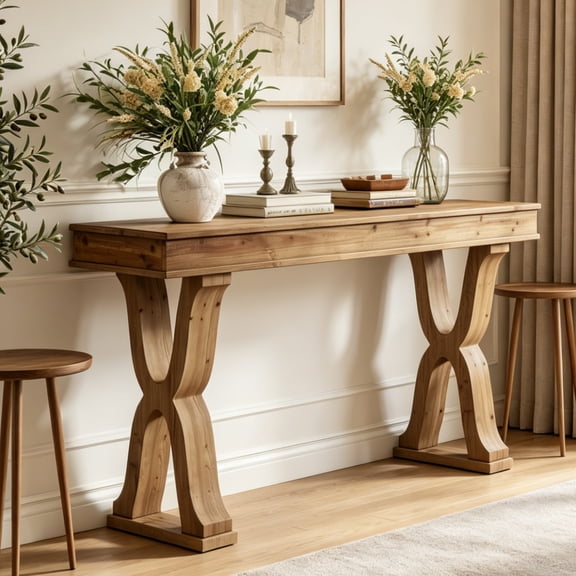 Fnova 63 Inch Solid Wood Farmhouse Console Table with X-Shaped Legs, Narrow Entryway Table, Hallway Sofa Table Behind Couch for Living Room, Foyer