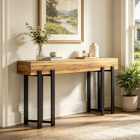 Fnova 63" Industrial Console Table, Extra-Long Rectangular Entryway Table Sofa Table with Metal Frame for Hallway, Living Room, Foyer