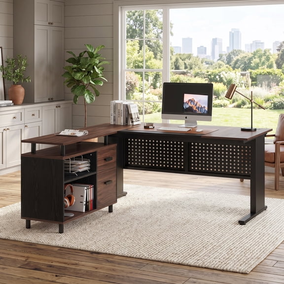 Fnova 63" L-Shaped Executive Desk with Storage Cabinet and Drawers, Large Office Desk with File Drawer, Industrial Computer Desk Workstation for Home Office