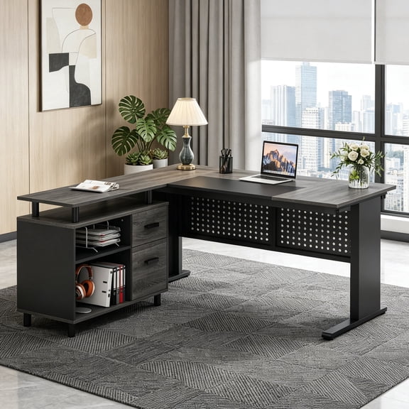 Fnova 63" L-Shaped Executive Desk with Storage Cabinet and Drawers, Large Office Desk with File Drawer, Industrial Computer Desk Workstation for Home Office