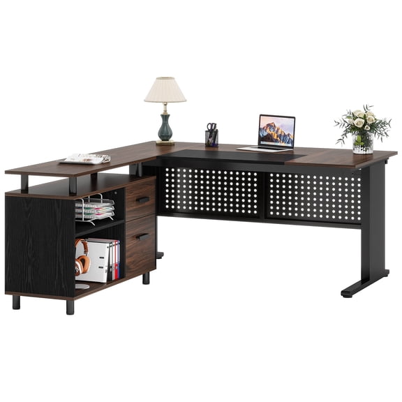 Fnova 63" L-Shaped Executive Desk with Storage Cabinet and Drawers, Large Office Desk with File Drawer, Industrial Computer Desk Workstation for Home Office