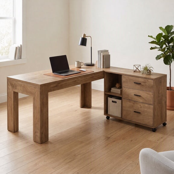 Fnova 63" L-Shaped Executive Office Desk with Rolling File Cabinet, Large Computer Desk with Drawers and Storage Shelves for Home Office, Rustic Brown