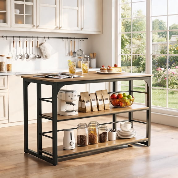 Fnova 63" Large Kitchen Island with Storage, Industrial Kitchen Shelf with Large Worktop for Dining Room, Brown & Black