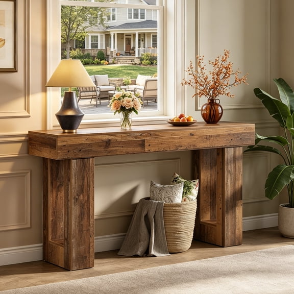 Fnova 63" Long Console Table, 2-Tier Wooden Narrow Rectangular Sofa Table Behind Couch, Farmhouse Entryway Table for Entrance, Hallway, Living Room