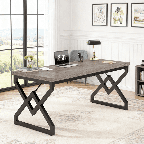 Fnova 63" Modern Desk, Long Rectangle Writing Computer Desk, Dining table for 4-6, Kitchen Table with Metal Frame, for Dining & Home Office, Easy Assembly