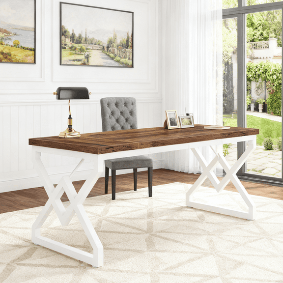 Fnova 63" Modern Desk, Long Rectangle Writing Computer Desk, Dining table for 4-6, Kitchen Table with Metal Frame, for Dining & Home Office, Easy Assembly