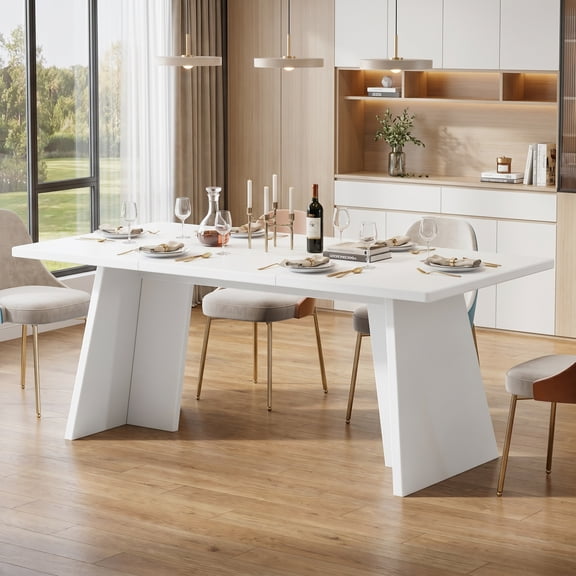 Fnova 63" Modern Dining Table for 4-6, Large Rectangle Kitchen Table with Double Robust Pedestal, Wooden Eating Furniture, White