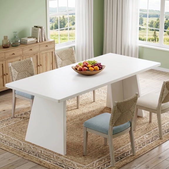 Fnova 63" Modern Dining Table for 4-6, Large Rectangle Kitchen Table with Double Robust Pedestal, Wooden Eating Furniture, White