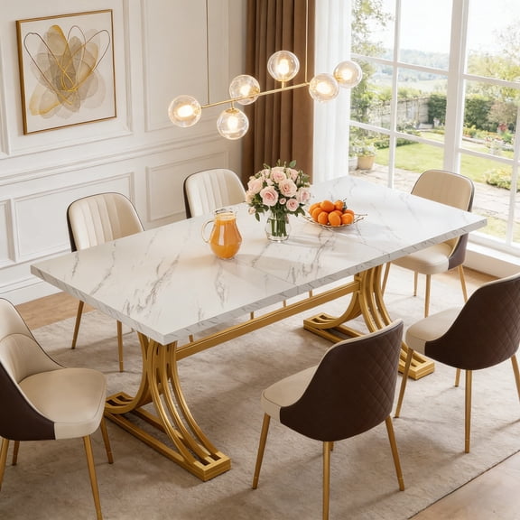 Fnova 63" Modern Dining Table, Rectangular White Faux Marble Top Kitchen Table, Stylish Metal Trestle Legs, Seats 4 to 6 for Dining Room & Kitchen, Living Room