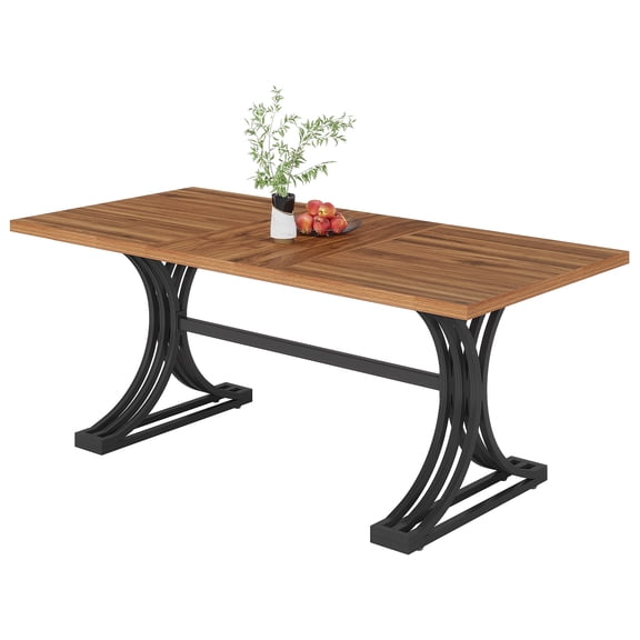 Fnova 63" Modern Dining Table, Rectangular Wooden Top Kitchen Table, Stylish Metal Trestle Legs, Seats 4 to 6 for Dining Room & Kitchen, Living Room